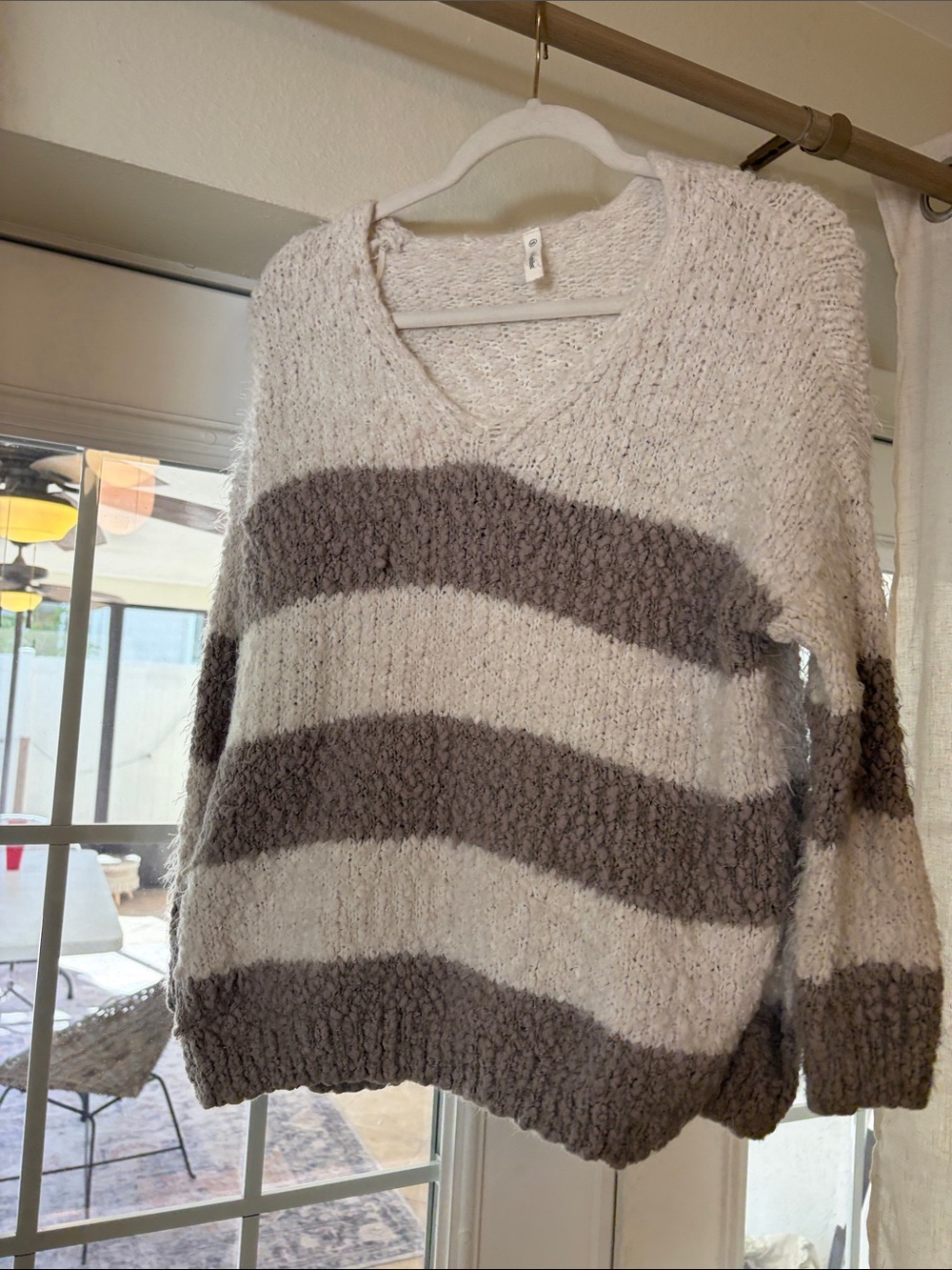 Wishlist Women's V-Neck Striped Sweater in Cream & Taupe